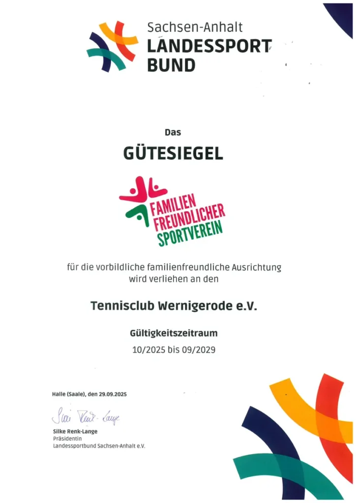 Auszeichnung familienfreundlicher Verein - Tennisclub Wernigerode e.V.